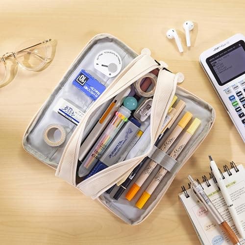 CICIMELON Large Capacity Pencil Case 3 Compartment Pouch Pen Bag for School Teen Girl Boy Men Women (Beige) thumbnail 2