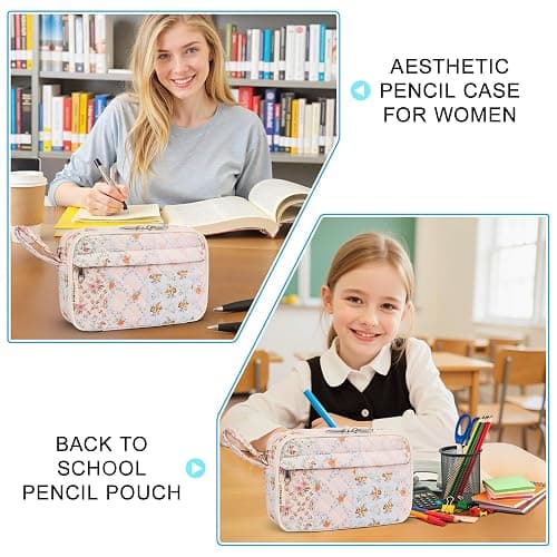 WOBAGMEN Quilted Pencil Pouch for Girls Women, Large Pencil Case Pouch with Compartments Cute Aesthetic Pencil Case Organizer, Floral Pencil Bag for School Supplies (coloful blue) thumbnail 8