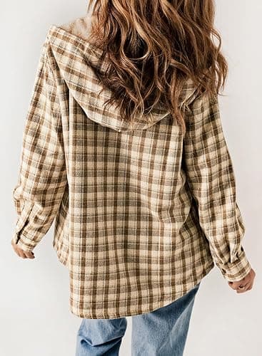 Dokotoo Womens Plaid Shacket Jacket Long Sleeve Button Down Fleece Hooded Jackets Warm Coat thumbnail 3