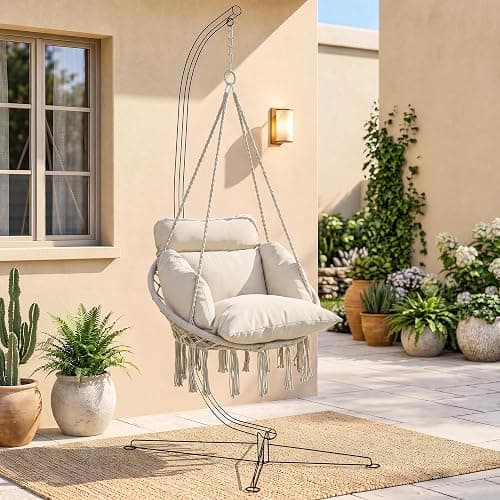 Outsunny Hammock Swing Chair w/Large Cushion Cotton Rope Chain Cream White | Outdoor Hanging Chair, Weaving Macrame Swing, 265 LBS Capacity, for Indoor Outdoor Bedroom Patio Balcony thumbnail 8