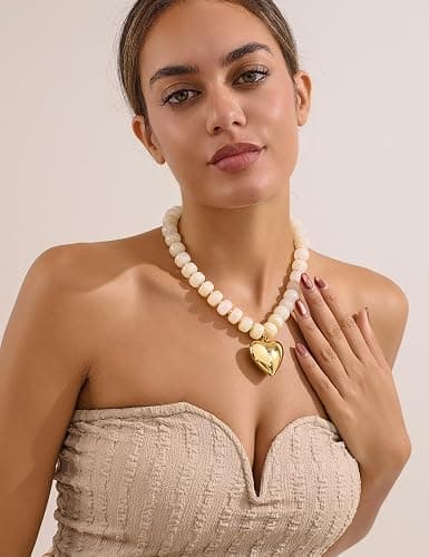 WOWORAMA Chunky Heart Necklaces for Women Colorful Resin Beaded Choker Necklace Gold Puffy Heart Statement Necklace Trendy Acrylic Choker Jewelry thumbnail 7