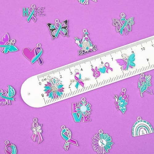 MARFOREVER 40 Pcs/20 Pairs Suicide Awareness Charms, Suicide Prevention Charms Teal Purple Ribbon Pendant for Bracelet Necklace Earrings Making Accessories thumbnail 5