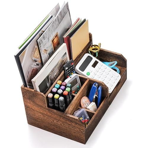 Pumtus Brown Wooden Mail Organizer, Desk Organizer with 7 Compartments and Drawer, Rustic Mail Sorter with Pen Holder, Tabletop Mail Basket, Office Accessories Holder for Pen File Letter Document thumbnail 5