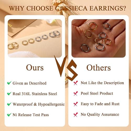 CASSIECA 9 Pairs Earrings for Women, 316L Surgical Steel Earring Set 14K Gold Hoops Earrings Stud Earrings Hypoallergenic Cartilage Huggie Hoop Tragus Piercing Jewellery - 9 Pairs- Silver thumbnail 6