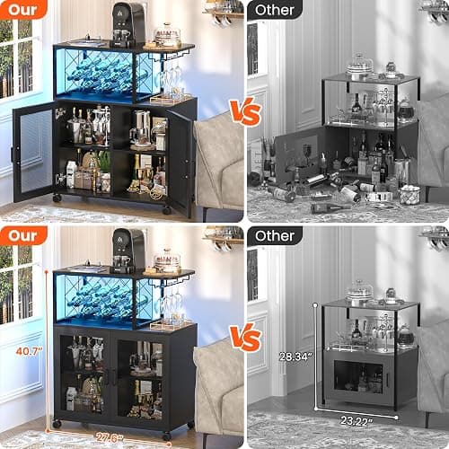 Girapow Small Bar Cart with Wheels, Liquor Cabinet with LED Light, Wine Bar Cabinet with Power Outlets, Home Mini Bar with Wine Rack, Glasses Storage for Kitchen, Dining Room, Living Room, Black - Black thumbnail 4