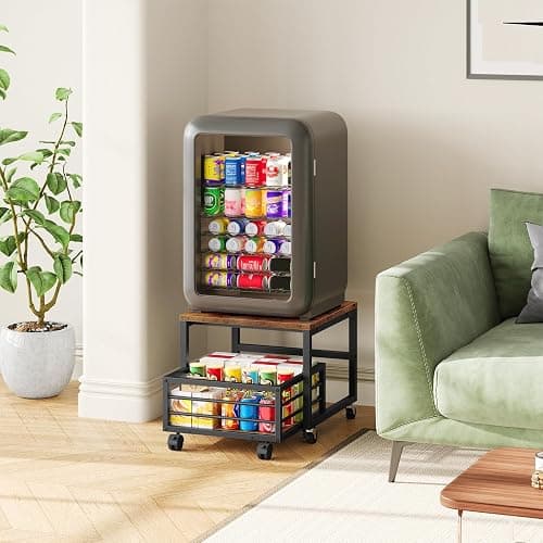 HOOBRO End Table, Mini Fridge Stand with Storage, Mini Fridge Table with Wheels and Adjustable Feet, Sturdy Metal Frame, for Living Room, Bedroom, Office, Rustic Brown and Black BF155TL01 thumbnail 2