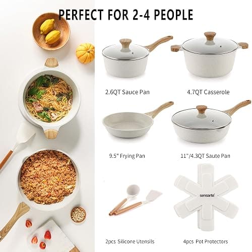 SENSARTE Nonstick Ceramic Cookware Set 13-Piece, Healthy Pots and Pans Set, Non-toxic Kitchen Cooking Set with Stay-Cool Handles, Silicone Tools and Pot Protectors, PFAS and PFOA Free - White thumbnail 2