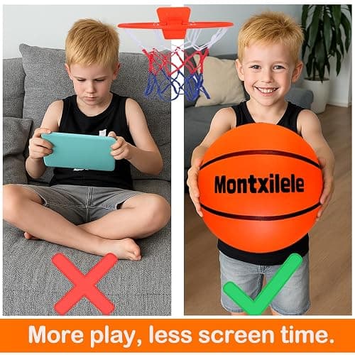 Montxilele Indoor Silent Basketball Size 7 with Hoop (29.5") – Airless Foam Ball for Quiet Indoor Dribbling, Ships Uncompressed, Foldable Wall-Mounted Hoop with Adhesive Mount, No Drilling thumbnail 8