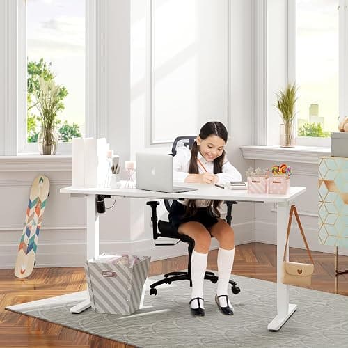 Meilocar Height Adjustable Electric Standing Desk, 55" x 24" Sit Stand Computer Desk with Memory Controller, Home Office Workstation Stand up Desk with Splice Board, White Top + White Frame thumbnail 2