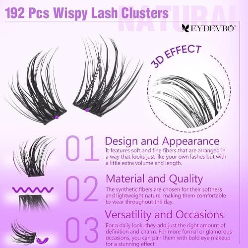 EYDEVRO Wispy Cluster Lashes Natural Lashes Individual Cluster 9-18mm 192 Pcs Lash Clusters CD Curl Eyelash Clusters Individual Eyelashes Reusable Comfortable False Eyelashes Manga Lashes thumbnail 2