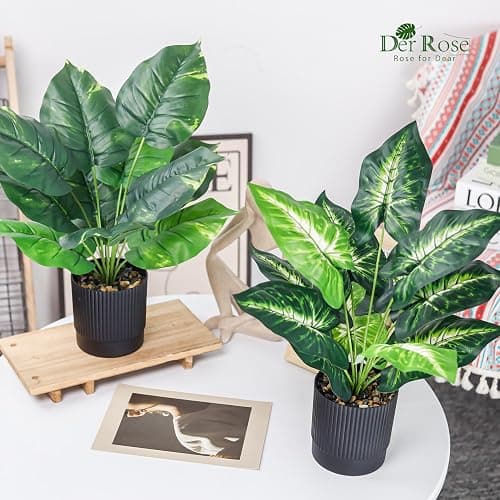 Der Rose 2 Pack 16" Fake Plants Black Pot for Office Bathroom Decor | Tropical artificial plants，bendable leaves，easy to place on desk shelf bathroom，maintenance-free thumbnail 5