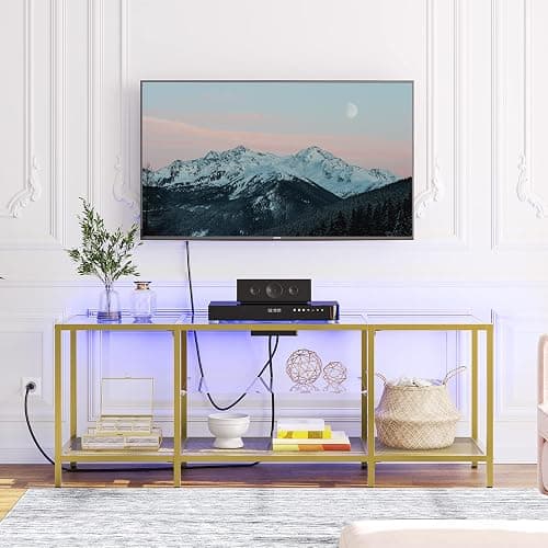 HOOBRO TV Stand with LED Lights and Power Outlets for TVs up to 65", Modern 55 Inch Tempered Glass TV Console Table with Open Shelves, Media Entertainment Center for Living Room, Gold GD145UDS01 thumbnail 7