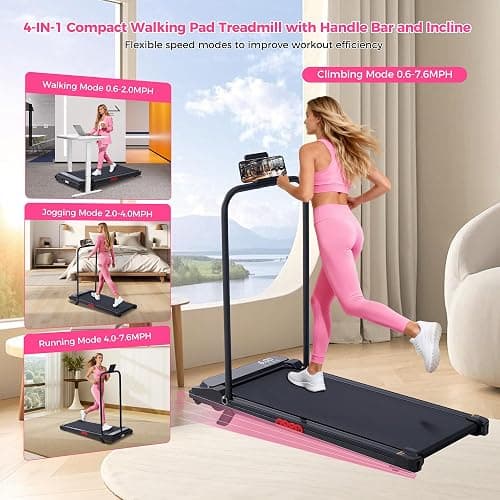 Walking Pad with Handle Bar and Incline, 3.0HP Electric Portable Small Treadmills with Incline for Home Small Spaces, 0.6-7.6MPH Compact Walking Pads Treadmill with Handles, 350LBS thumbnail 2