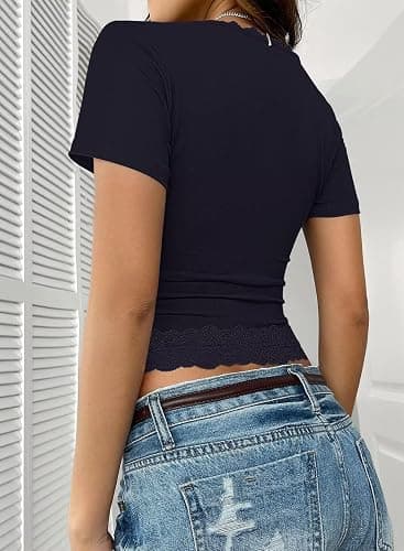 Falechay Womens Summer Tops Lace Square Neck Short Sleeve Shirts Sexy Going Out Crop Top Women Y2K Tee Fitted Slim T-Shirts thumbnail 3