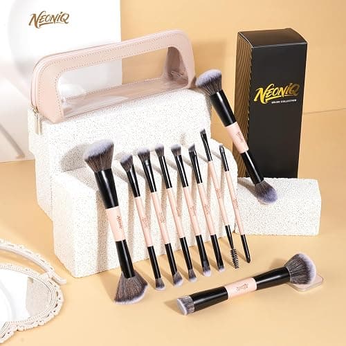 NEONIQ 10 PCS Foundation Contour Conceal Brush Set With Bag, Makeup Brushes, Double-End Multi-functional Brushes for Foundation Powder Blush Eyeliner Eyeshadows, Professional Face Brush Set（Pink） thumbnail 2