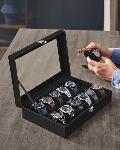 SONGMICS Watch Box, 12-Slot Watch Case with Large Glass Lid, Removable Watch Pillows, Watch Box Organizer, Gift for Loved Ones, Black Synthetic Leather, Christmas Gift, Black Lining UJWB012B01 thumbnail 2
