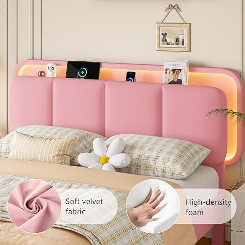 Einhomn Full Size Upholstered Bed Frame with 2 Underbed Drawers & Storage Headboard, Velvet Platform Bed with LED Lights & Charging Station, Sturdy Metal & Wood Structure, Noise-Free,Pink thumbnail 5