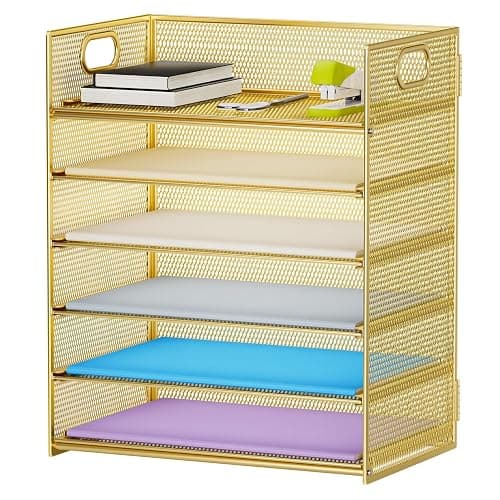 Marbrasse Paper Letter Tray Organizer - 6 Tier Mesh File Organizer with Handle, Paper Sorter Organizer for Letter/A4 Office File Folder Holder - Gold - Image 1