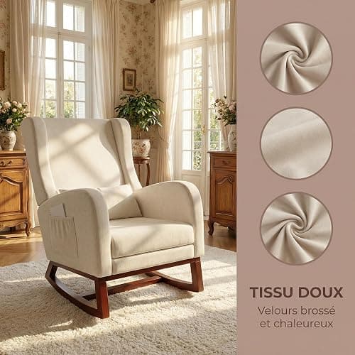 HYNHXBP Fauteuil à Bascule, avec accoudoirs et Poches latérales, Chaise d'allaitement Ergonomique avec Coussins, Structure en Bois Massif, Chaise Longue pour Salon ou Chambre (Beige + Velours Givré) thumbnail 4