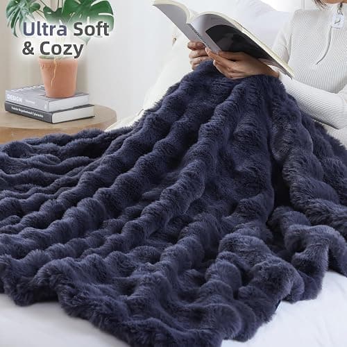 Smoofy Faux Fur Throw Blanket for Couch – Navy Blue Fluffy Cozy Rabbit Fleece, Plush Soft Bubble Blanket for Sofa & Bed, for Mom, Warm Fuzzy Home Room Decor Throw 60" x 80" thumbnail 4