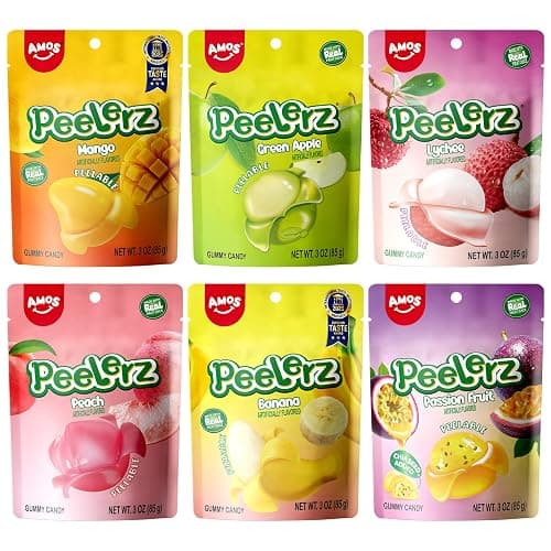 AMOS Peelerz Peelable Gummy Candy Variety Pack, Mango White Peach Banana Green Apple Passion Fruit Lychee, Soft Chewy Fruit Snack, Pack of 6 - Image 1