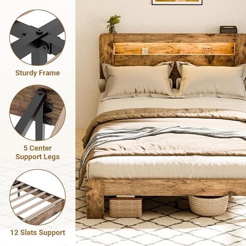 Zevemomo Full Size Bed Frame with LED Lights, Full Bed Frame with Headboard, Charging Station with 2 USB Ports & 2 AC Outlets, Sturdy Wood Framework, No Noise, Rustic Brown (Rectangular Slot) thumbnail 5