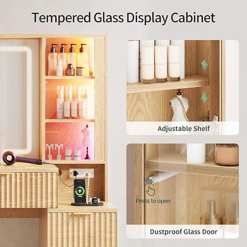 HAUOMS Big Vanity Desk, Fluted Makeup Vanity with Mirror Lights, Dressing Table (Oak, 59.1" Width) thumbnail 8