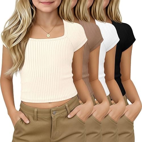 LessonZoo 4 Pack Girls Crop Tops Ribbed T Shirts | Back to School, Short Sleeve, Square Neck, Soft, Basic, Slim Fitted, Cute, Casual Tees, Teen, Youth, Ages 5-14 - Image 1