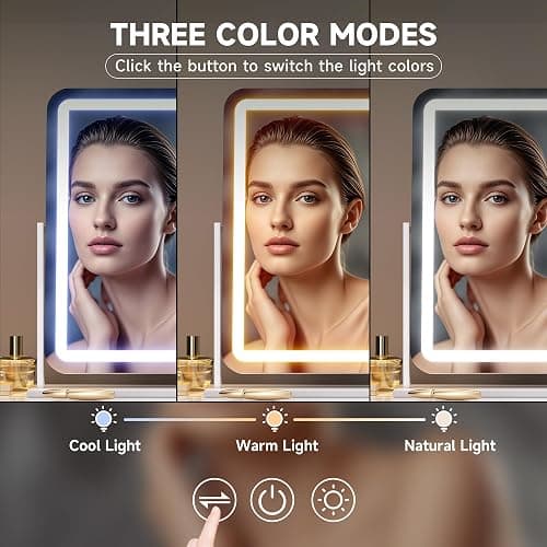 Hasipu Vanity Mirror with Lights, 22" x 18" LED Makeup Mirror, Light up Mirror with Smart Touch 3 Colors Dimmable, Brightness Adjustment, 360° Rotation (White) thumbnail 3