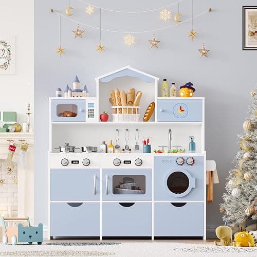 Keyluv Wooden Play Kitchen for Kids and Toddler, Montessori Toy Kitchen Playset with Plenty of Pretend Play Features and Storage Drawers, Gift for Boys and Girls, Blue thumbnail 8