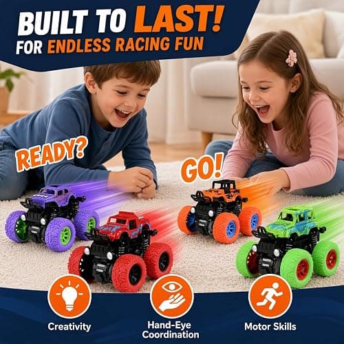 Monster Trucks for Boys, 4 Pack Pull Back Vehicles Cars for Toddlers, 360° Rotation 4 Wheels Drive Durable Friction Cars Powered Push and Go Toys Truck Playset Gift for 3 4 5 6 7 8 Year Old Kids Girls thumbnail 7