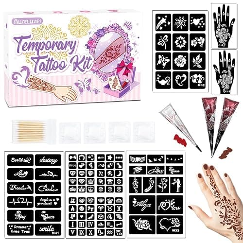 Temporary Tattoo Kit for Teens & Adults – 3 Tattoo Pastes (2 Brown+Cherry Red), 100pcs Reusable Stencils, Outline Pen, Long Lasting Waterproof Body Art, DIY Skin Painting for Festivals, Parties Makeup - Image 1