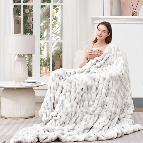 Touchat Ruched Faux Rabbit Fur Throw Blanket, 700 GSM Luxury Dual-Sided Soft Cozy Blanket, Fuzzy Fluffy Plush Blanket for Bed, Couch and Sofa - 50"x60", Tie-dye Gray thumbnail 3