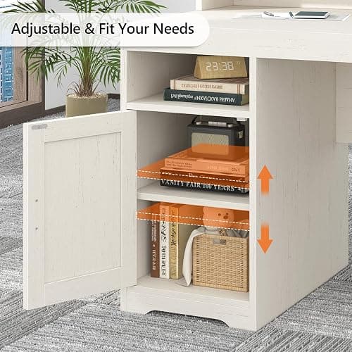 TVU 65" White Computer Desk with Drawers and Printer Stand for Home Office | Office Desk with Power Outlets and Storage Cabinet, Study Writing Desks with Long Monitor Stand thumbnail 6