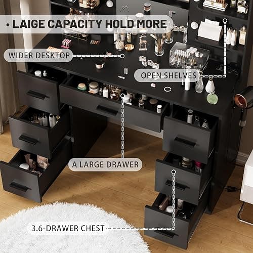 Furmax Vanity Desk with Mirror, LED Lights and Power Outlet Makeup Vanity Table with 7 Drawers and 6 Storage Shelves Dressing Table for Bedroom Dressing Room (Black) thumbnail 6