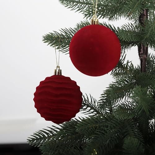 Senjie 3.15inch Burgundy Velvet Christmas Ornaments Balls Flocked Christmas Tree 12PCS Plastic Balls Xmas Hanging Ornaments Decoration Red thumbnail 7
