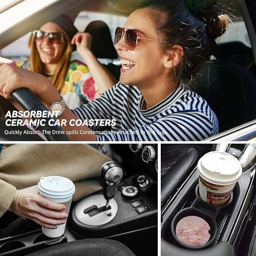 Car Coaster for Cup Holders, 2 Pack Absorbent Ceramic Car Cup Holder Coaster, Cute Auto Assecories for Women Men, Universal Size 2.56 in with Finger Notch & Cork Base, Gold Pink Marble thumbnail 7