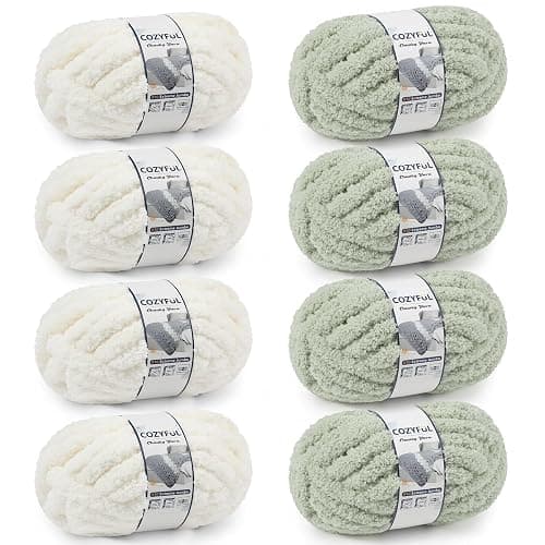 Cozyful Chunky Yarn for Hand Knitting - #10 Chunky Chenille Yarn, Jumbo Big Thick Chunky Yarns for Crocheting, Super Bulky Chunky Knit Blanket Yarns, 8 Skein (25yd, 8oz/Skein), Cream & Sage - Image 1