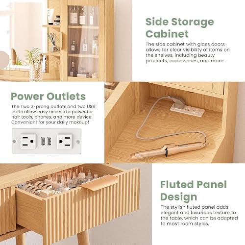 Fkhouse Fluted Makeup Vanity with Mirror and Lights,5 Drawers Glass Top Vanity Desk with Glass Door Cabinet,Power Outlet,6 Shelves,9-Grid Organizer,Lighting Adjustable Dressing Table,Natural Oak thumbnail 5