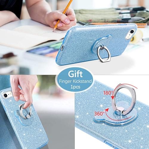 GUAGUA Compatible with iPhone SE 2022/2020 Case, iPhone 8/7 Case 4.7 Inch Glitter Sparkle Bling Cover for Girls Women with Extra Ring Kickstand Slim Protective Case for iPhone SE 3rd/2nd, Blue thumbnail 2