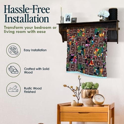 RELODECOR Wall Mounted Quilt Rack with Shelf - Solid Pine Wood, Rustic Farmhouse Style Quilt Hanger for Bedroom & Living Room Decor thumbnail 5