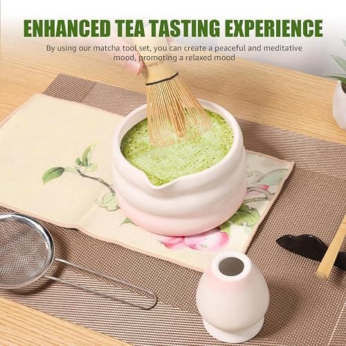 Matcha Set, 7-teiliges Matcha Besen Set mit Matcha Zubehör Schale Matcha Löffel Matcha Schneebesen Matcha Besenhalter Matcha Sieb, Matcha Whisk Traditionell Matcha Tea Set für Teeliebhaber (7Rosa) thumbnail 7