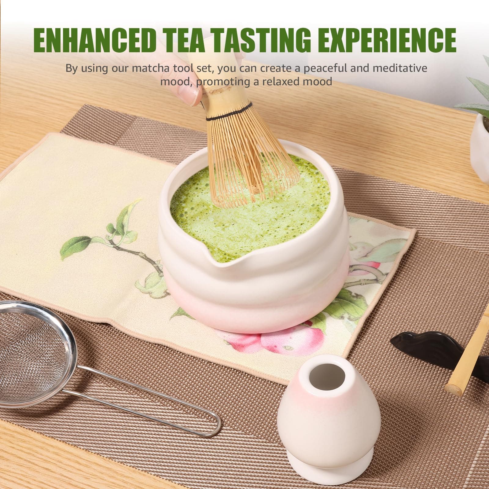 Japanese Matcha Tea Set, Easy to Use, Elegant Green Kit, Smooth Help Relaxing Japanese Tea Making Set, for Matcha Tea Ceremony Home Use (Pink) - Pink thumbnail 6