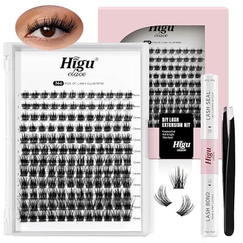 Higu clace Lash Clusters Kit,144pcs D Curl Wispy Lash Clusters,8-16mm Lash Extension Kit,with Lash Bond and Seal, Eyelash Tweezers(R-08) - Image 1