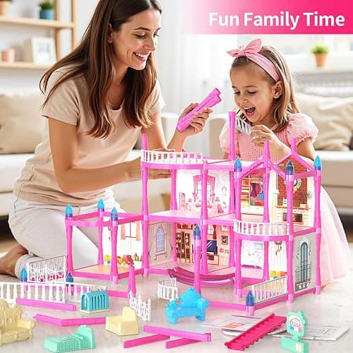 Pupu Pig Doll House Toys for Girls, Dollhouse with Glow in The Dark, Kids Doll House Playset with 4-Story 14 Play Areas, 2 Dolls, Toy Dogs, Dollhouse Accessories and Furniture, Princess Toy Gifts thumbnail 2