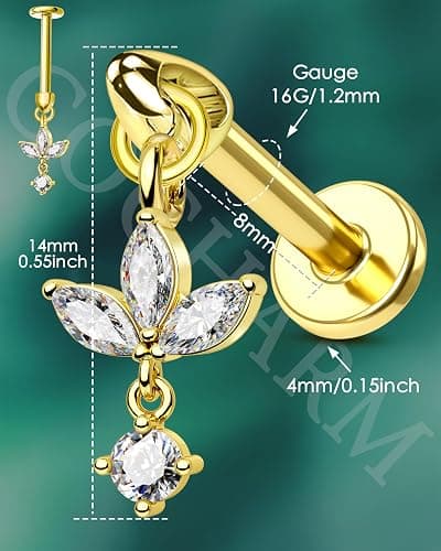 COCHARM 16G Flower Cartilage Earring Vertical Helix Piercing Jewelry, Flat Back Piercing Stud for Cartilage, Dangle Design, Gold and Silver Tone Lobe Helix Earring Stud thumbnail 3