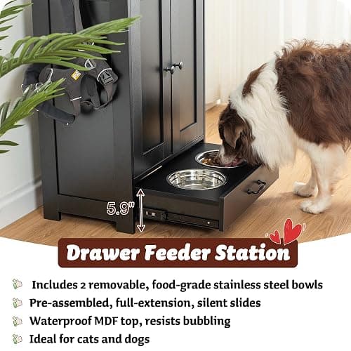 ALINE FURNITURE Dog Feeding Station with Storage Cabinet and 2 Elevated Dog Bowls, Hidden Pet Feeder Station Wood, Dog & Cat Storage Organizer, Black thumbnail 2