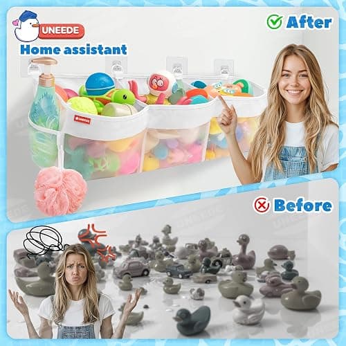 UNEEDE 4.95 Gallons 3 Compartment Horizontal Bath Toy Storage | Extra Large Capacity,Mesh Quick Dry Bathtub Storage and Organizer,Easy Access Baby Bath Toy Holder Shower Caddy thumbnail 3