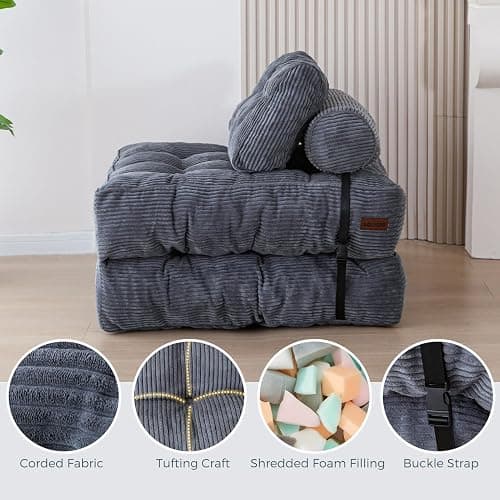 MAXYOYO Folding Sofa Bed, Convertible Chair Bed with Pillow | Foldable Couch with Back Support, Portable Fold Out Chair Comfy Floor Sofa for Living Room Bedroom, Dark Grey, Single thumbnail 6