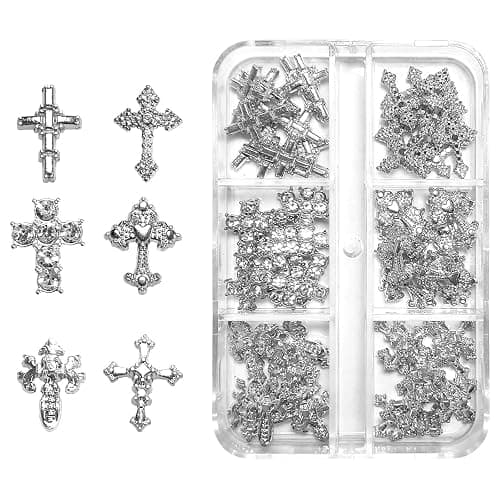 TESGADGETS 60 Stück 3D-Nagelanhänger aus Metalllegierung mit Kristallkreuzen – ideal für DIY-Punk-Nagelkunst von Frauen und Mädchen, mit Strasssteinen, Silber - Image 1
